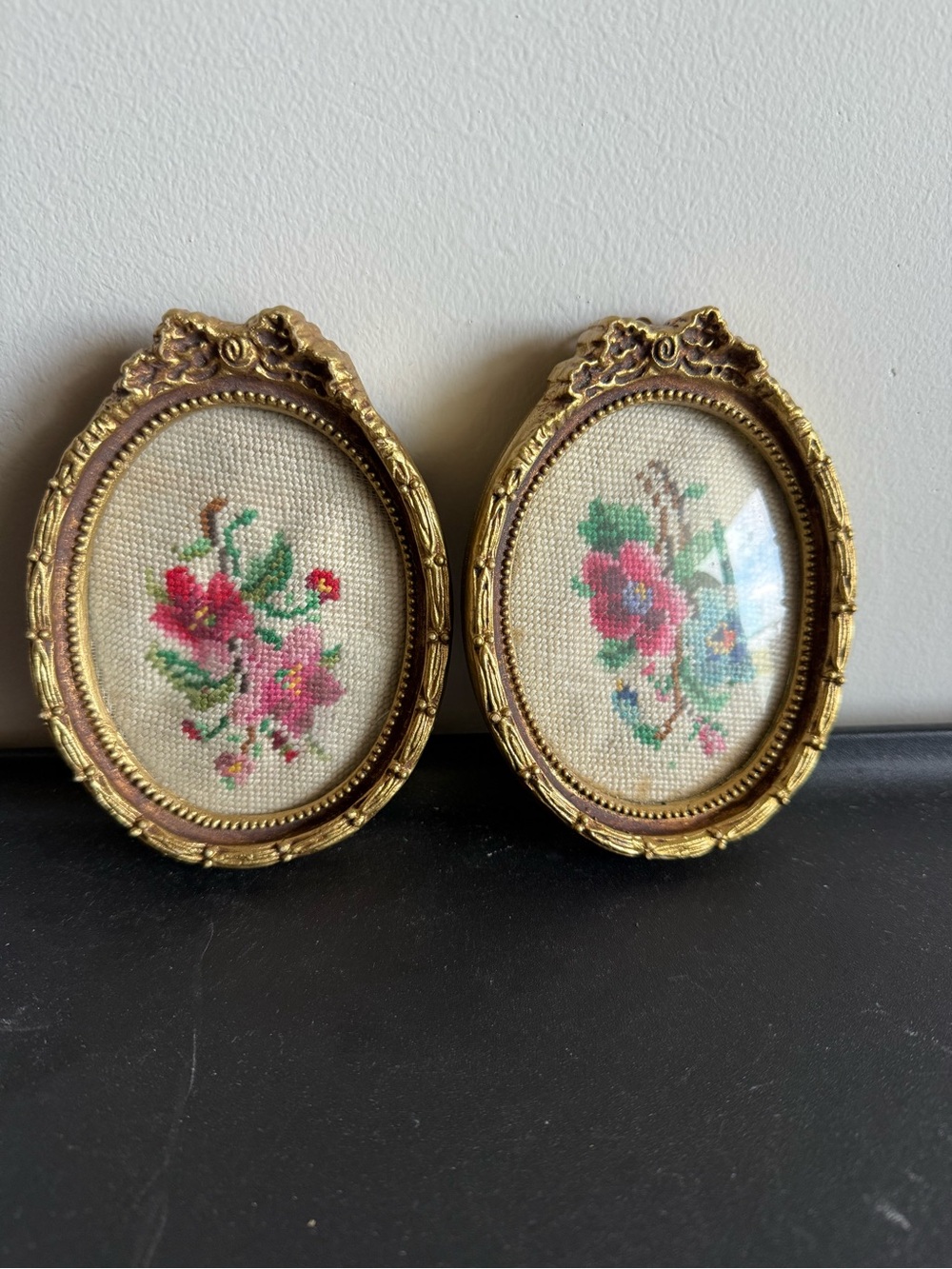 Antique Ornate Gold Floral Needlepoint Framed Mini Wall Art Pair